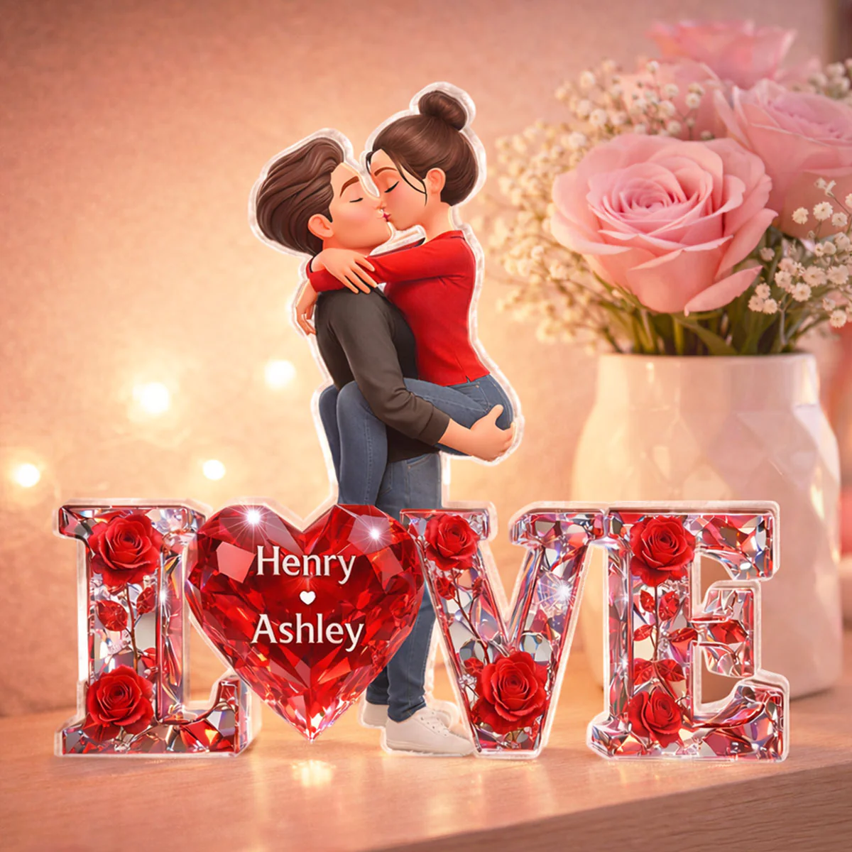 3D Shiny Rose Love Kissing Couple - Personalized Acrylic Block Plaque - Heartfelt Valentine's Day Gift For Him, Gift For Her - Image 4