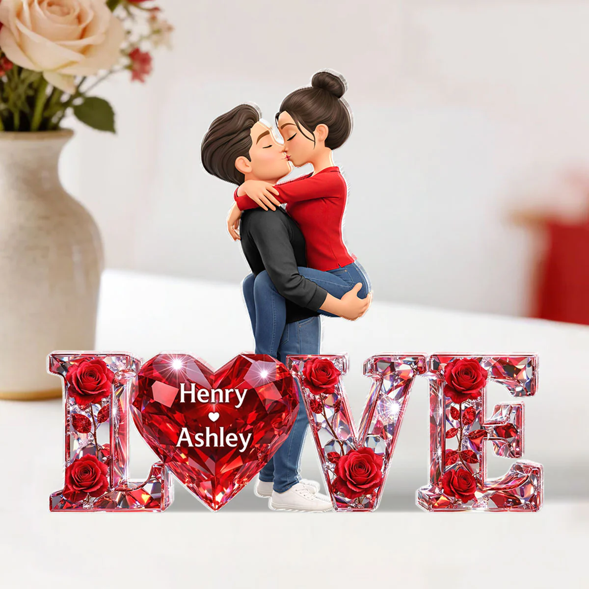 3D Shiny Rose Love Kissing Couple - Personalized Acrylic Block Plaque - Heartfelt Valentine's Day Gift For Him, Gift For Her - Image 5
