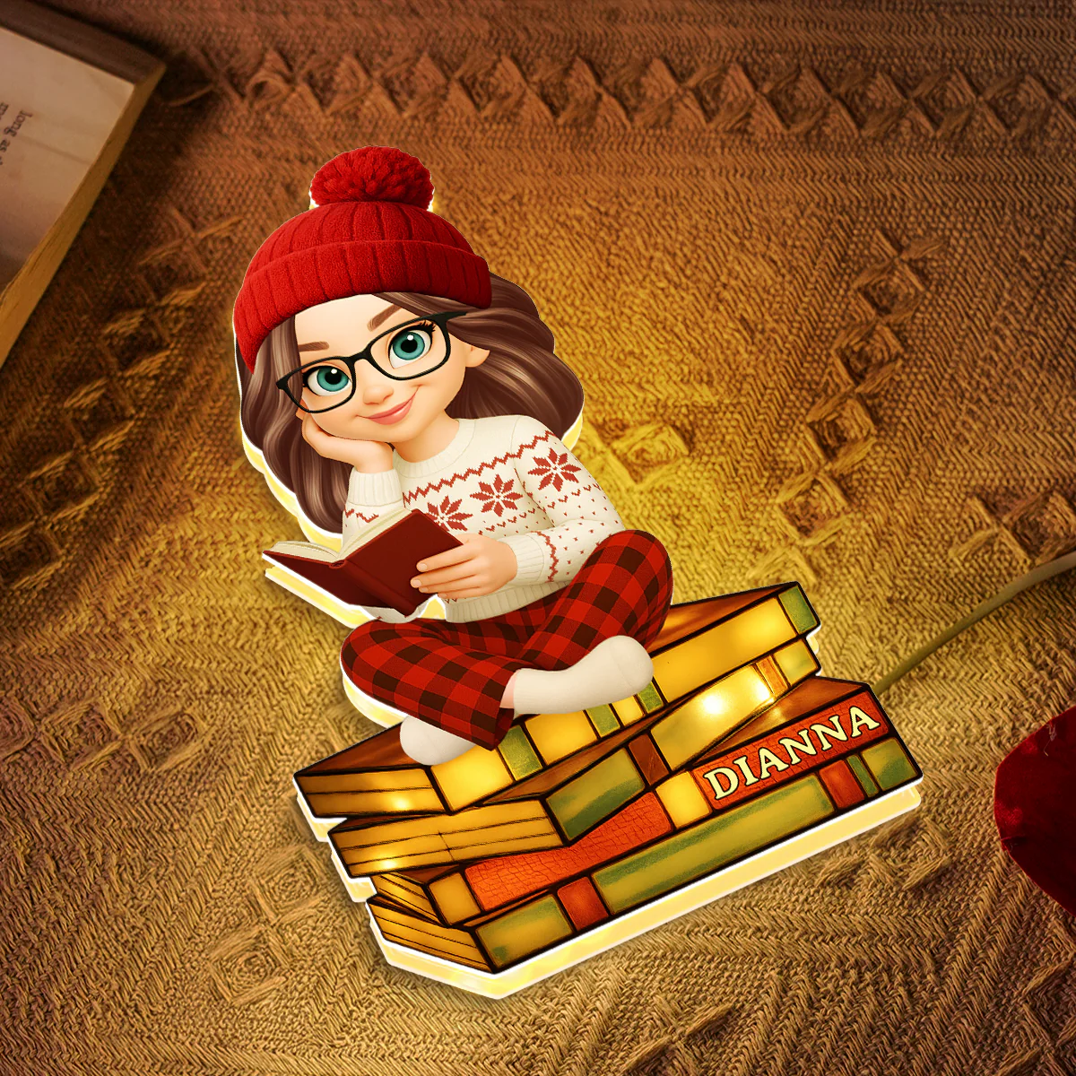3D Stained Glass Effect Christmas Cozy Vibe Pretty Girl Reading Book - Personalized Light Box - Image 5