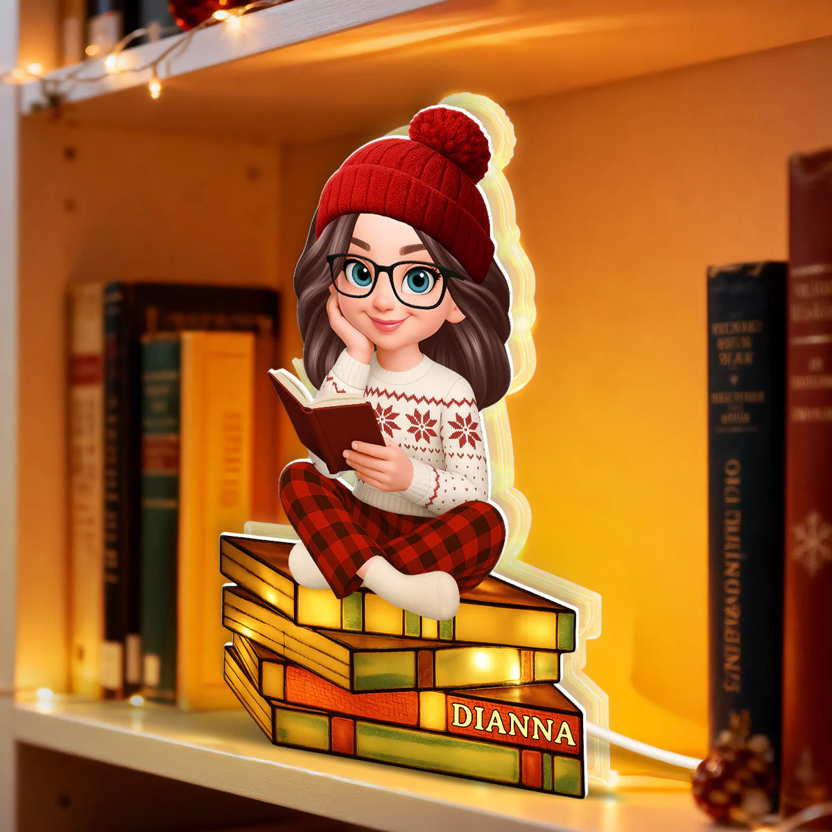 3D Stained Glass Effect Christmas Cozy Vibe Pretty Girl Reading Book - Personalized Light Box - Image 7