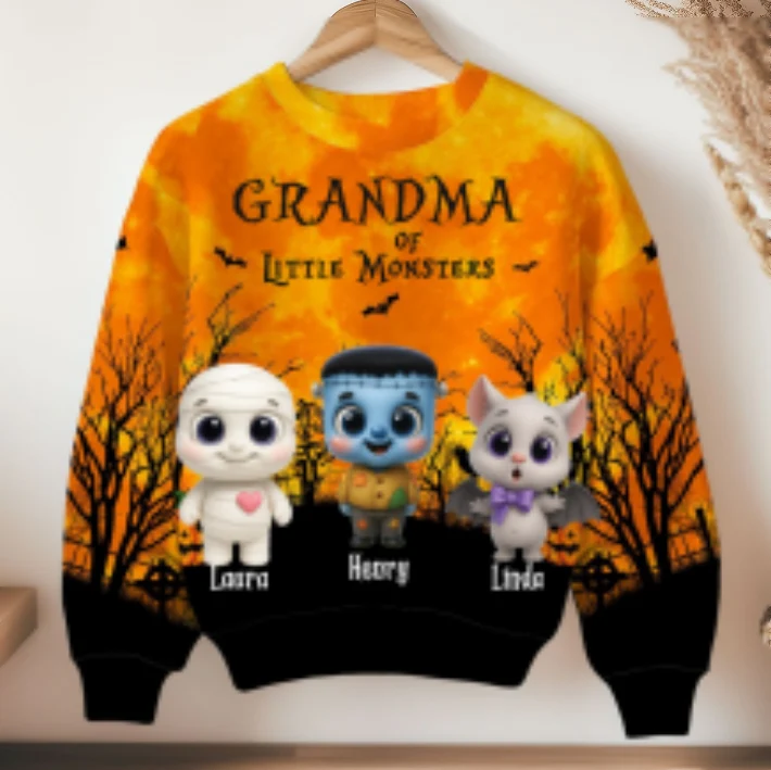 Grandma Mom Cute Little Monsters Halloween Moon Light Bat Tree Personalized 3D Sweatshirt, Purrfect Costume for Grandma - Image 11