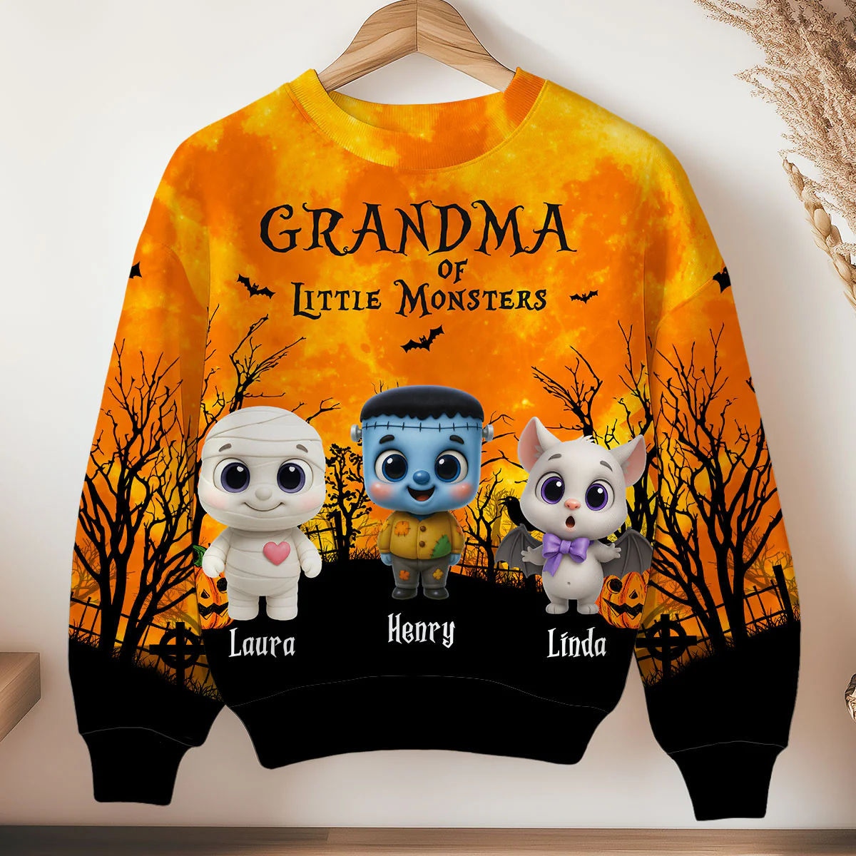 Grandma Mom Cute Little Monsters Halloween Moon Light Bat Tree Personalized 3D Sweatshirt, Purrfect Costume for Grandma - Image 2