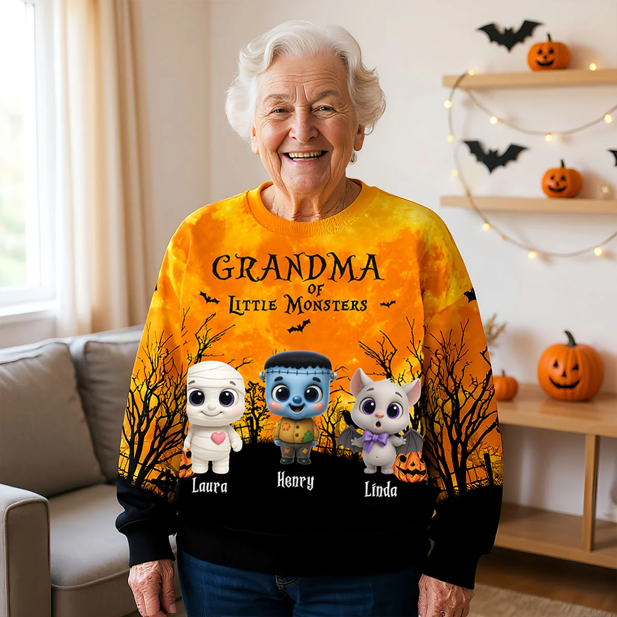 Grandma Mom Cute Little Monsters Halloween Moon Light Bat Tree Personalized 3D Sweatshirt, Purrfect Costume for Grandma - Image 3
