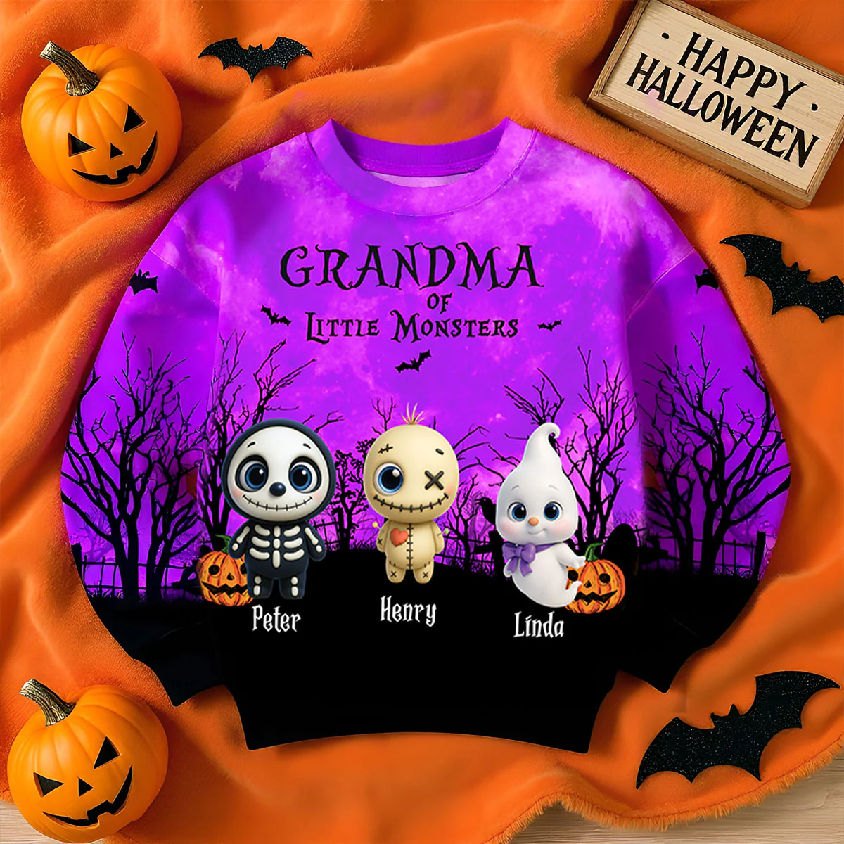 Grandma Mom Cute Little Monsters Halloween Moon Light Bat Tree Personalized 3D Sweatshirt, Purrfect Costume for Grandma - Image 4