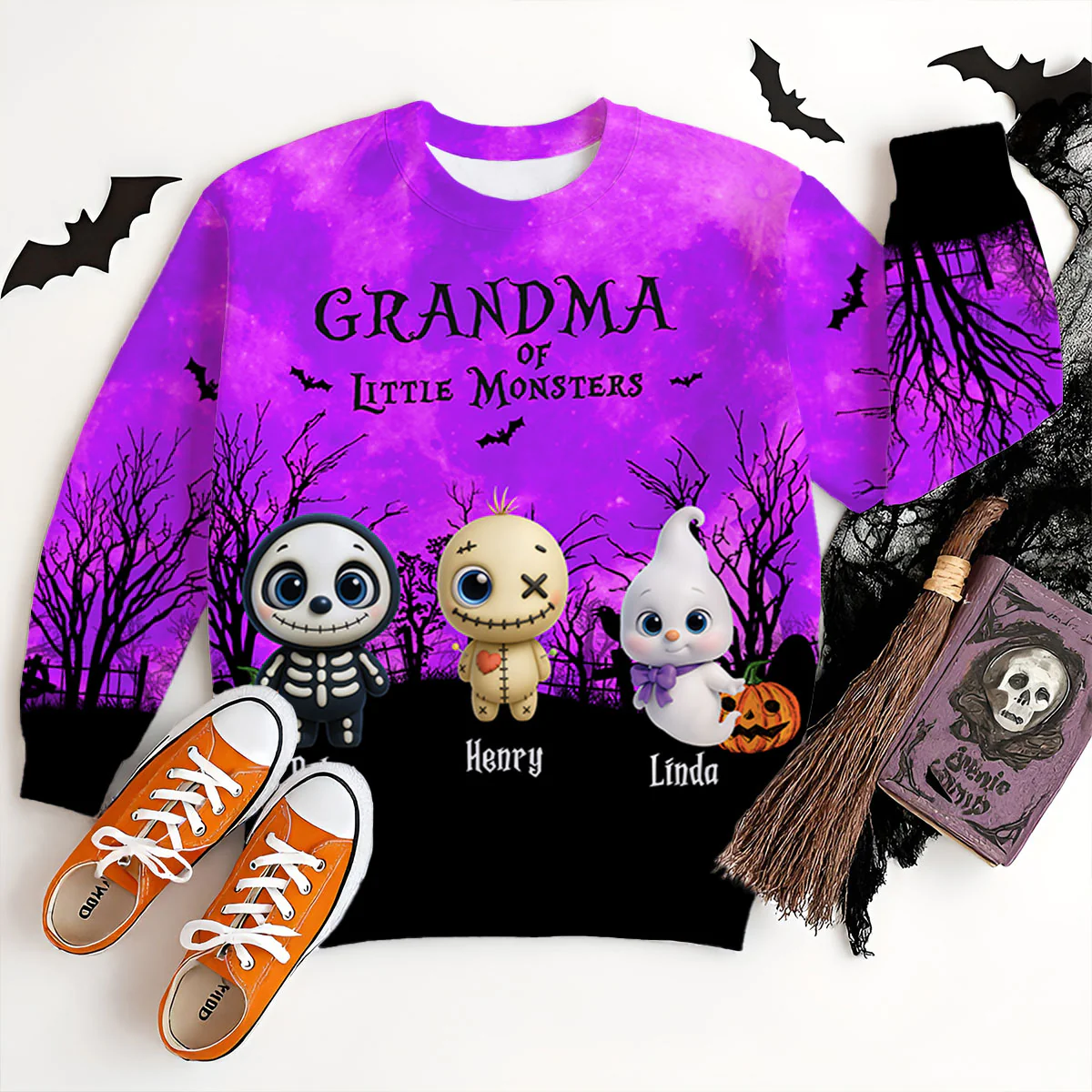 Grandma Mom Cute Little Monsters Halloween Moon Light Bat Tree Personalized 3D Sweatshirt, Purrfect Costume for Grandma - Image 5