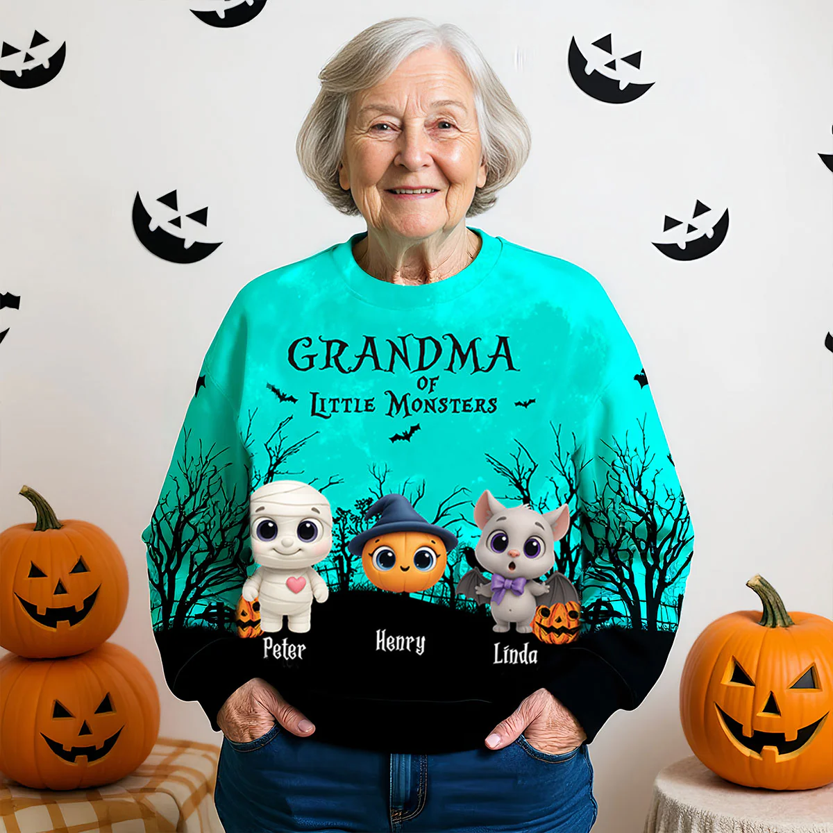 Grandma Mom Cute Little Monsters Halloween Moon Light Bat Tree Personalized 3D Sweatshirt, Purrfect Costume for Grandma - Image 7