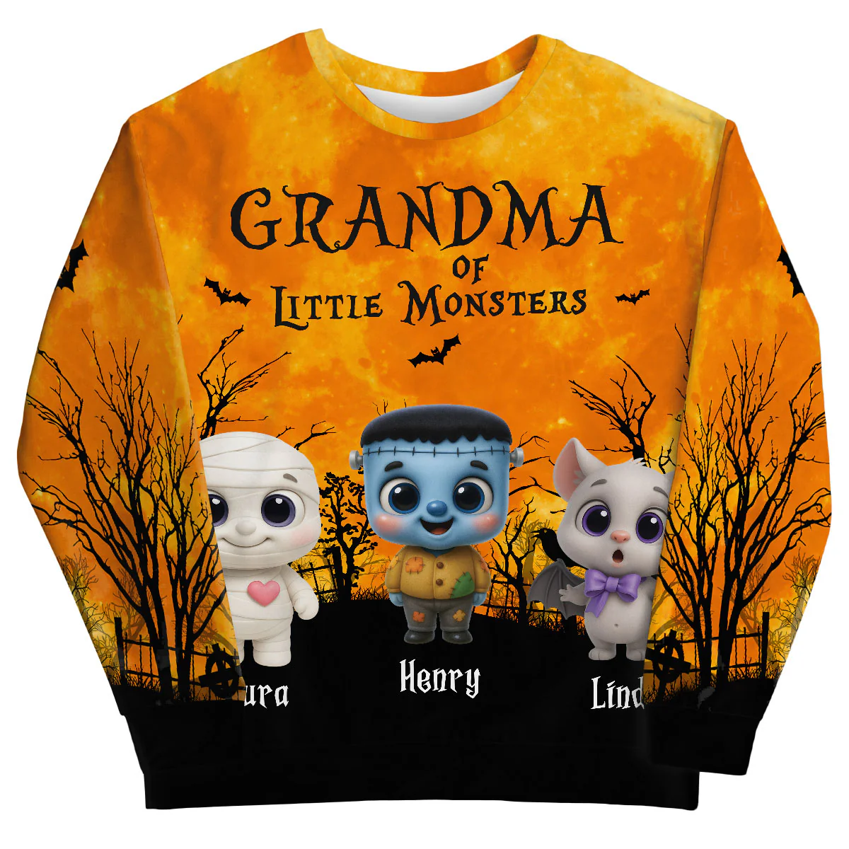 Grandma Mom Cute Little Monsters Halloween Moon Light Bat Tree Personalized 3D Sweatshirt, Purrfect Costume for Grandma - Image 9