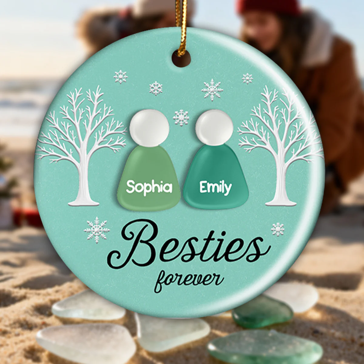 3D Teal Sea Glass Effect Christmas Besties Forever - Personalized Ceramic Ornament With Acrylic Pieces - Image 4