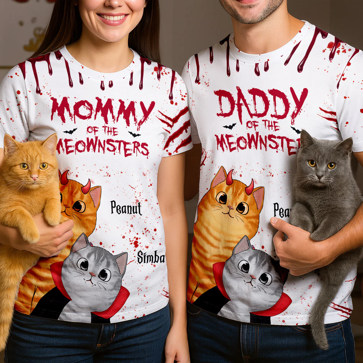Halloween Peeking Cats Mommy Daddy Of The Meownsters Personalized 3D Shirt - Image 5