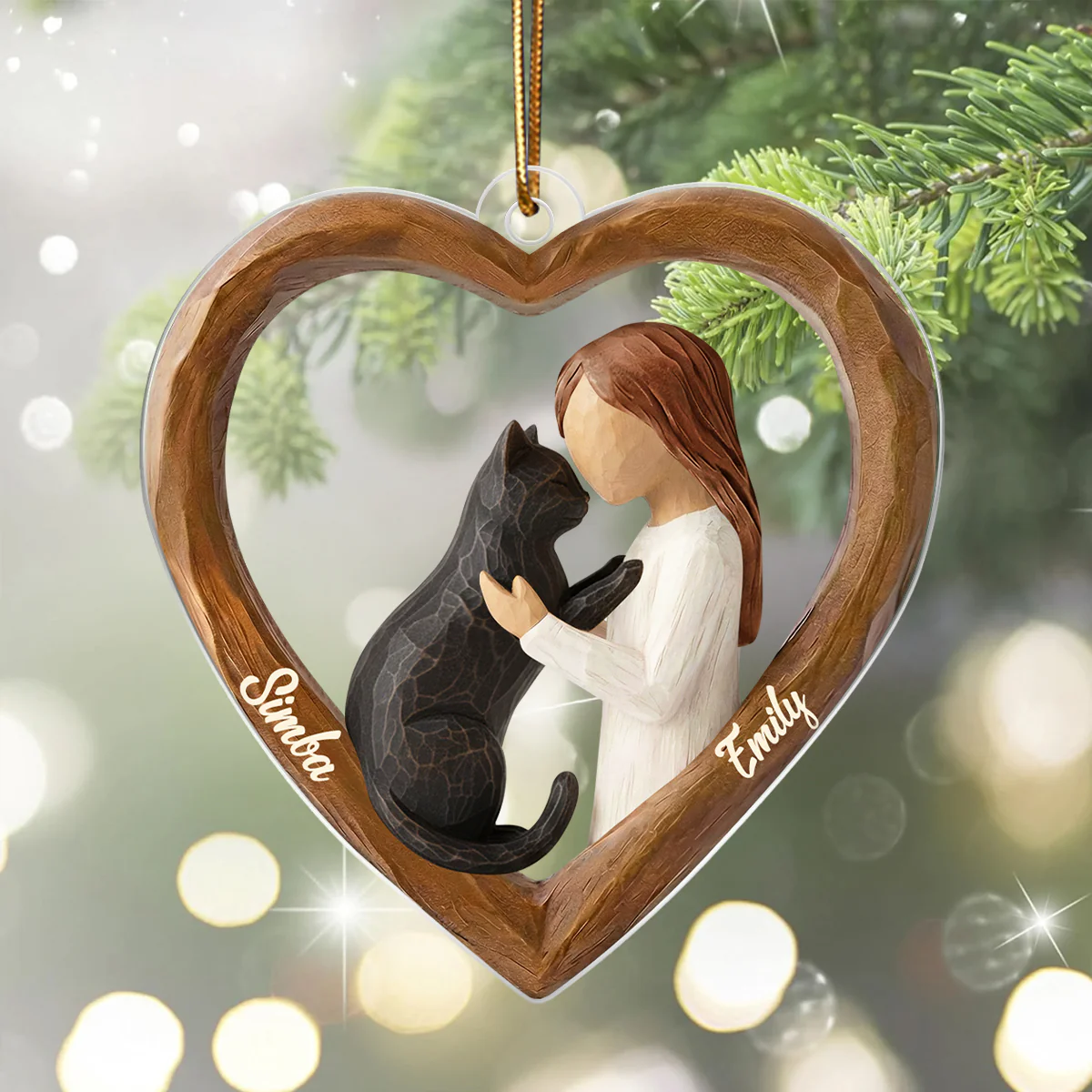 A Girl and Her Cat 3D Wooden Effect - Personalized Acrylic Ornament – Custom Girl and Cat, Keepsake Christmas Gift for Cat Moms - Image 3