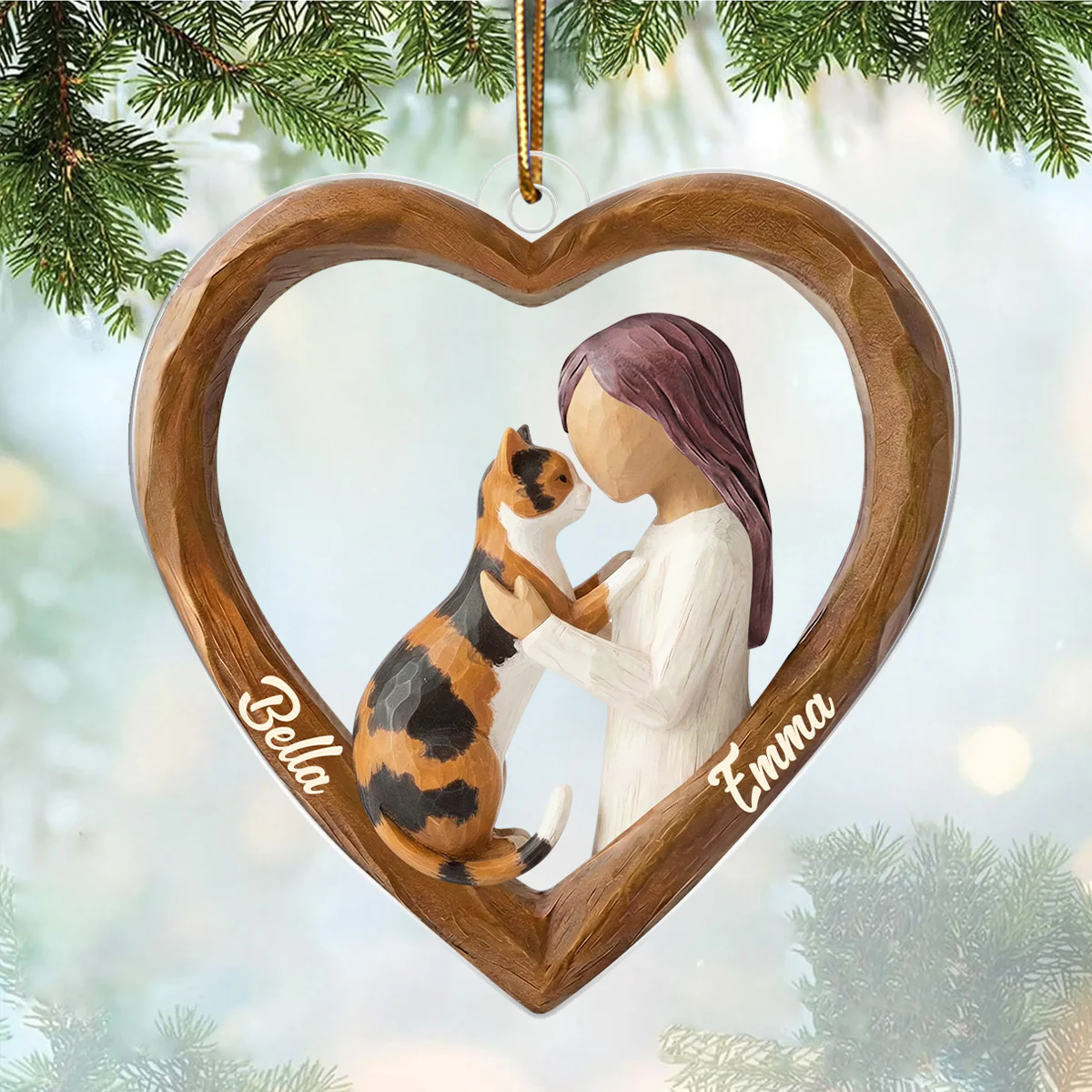 A Girl and Her Cat 3D Wooden Effect - Personalized Acrylic Ornament – Custom Girl and Cat, Keepsake Christmas Gift for Cat Moms - Image 4