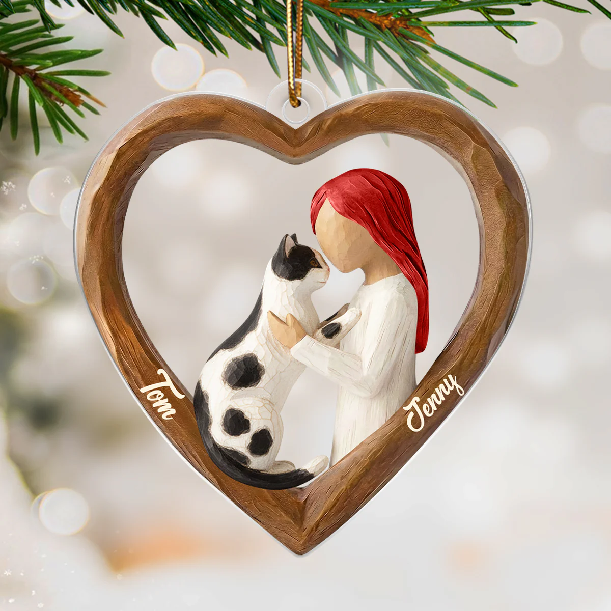 A Girl and Her Cat 3D Wooden Effect - Personalized Acrylic Ornament – Custom Girl and Cat, Keepsake Christmas Gift for Cat Moms - Image 5