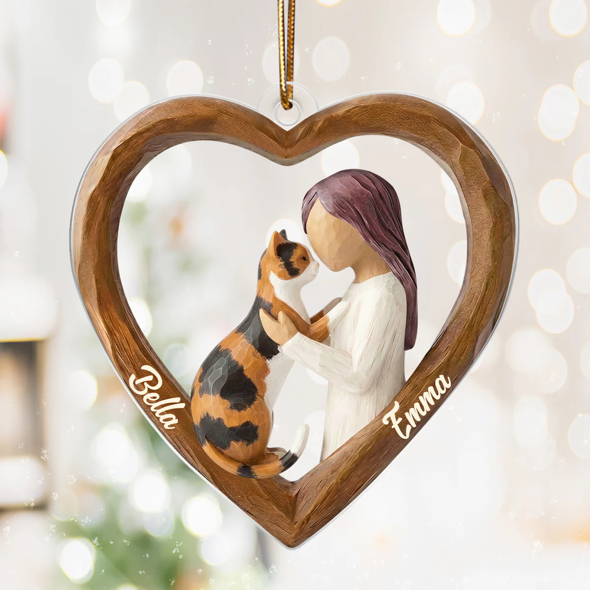 A Girl and Her Cat 3D Wooden Effect - Personalized Acrylic Ornament – Custom Girl and Cat, Keepsake Christmas Gift for Cat Moms - Image 6