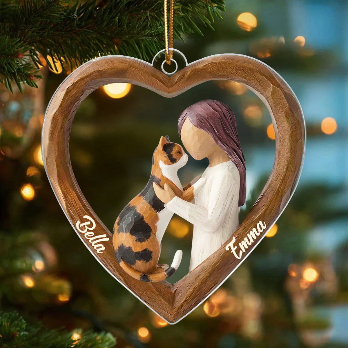 A Girl and Her Cat 3D Wooden Effect - Personalized Acrylic Ornament – Custom Girl and Cat, Keepsake Christmas Gift for Cat Moms - Image 7