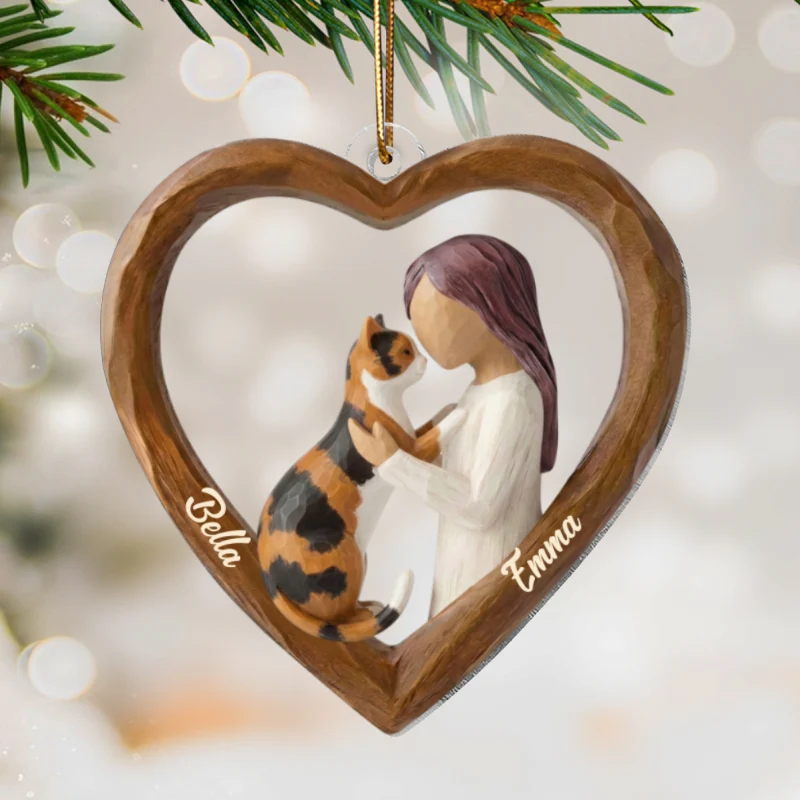 A Girl and Her Cat 3D Wooden Effect - Personalized Acrylic Ornament – Custom Girl and Cat, Keepsake Christmas Gift for Cat Moms - Image 9