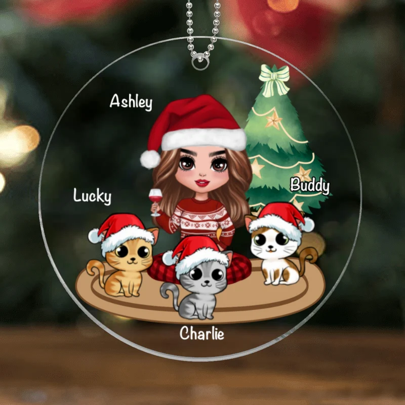 A Girl And Her Cats Personalized Christmas Acrylic Ornament - Image 4