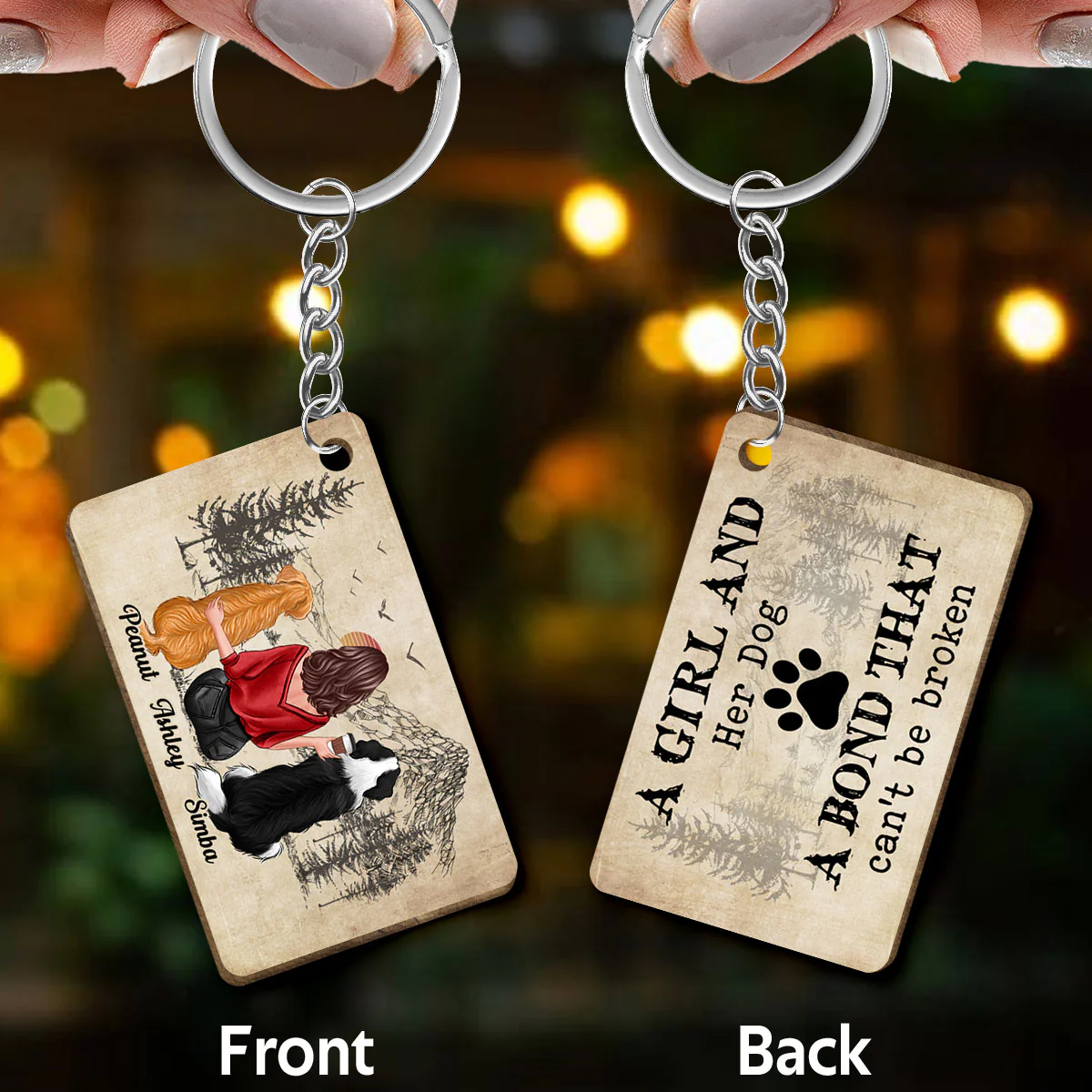A Girl And Her Dogs A Bond Can‘t Be Broken Personalized Wooden Keychain - Image 3