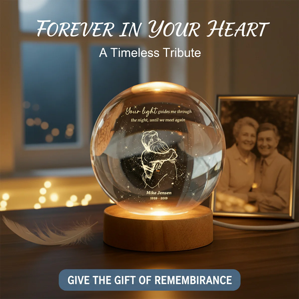 A Piece Of My Heart Lives in Heaven Couple Hugging - Personalized Crystal Ball LED Night Light - Memorial Remembrance Keepsake - Image 2