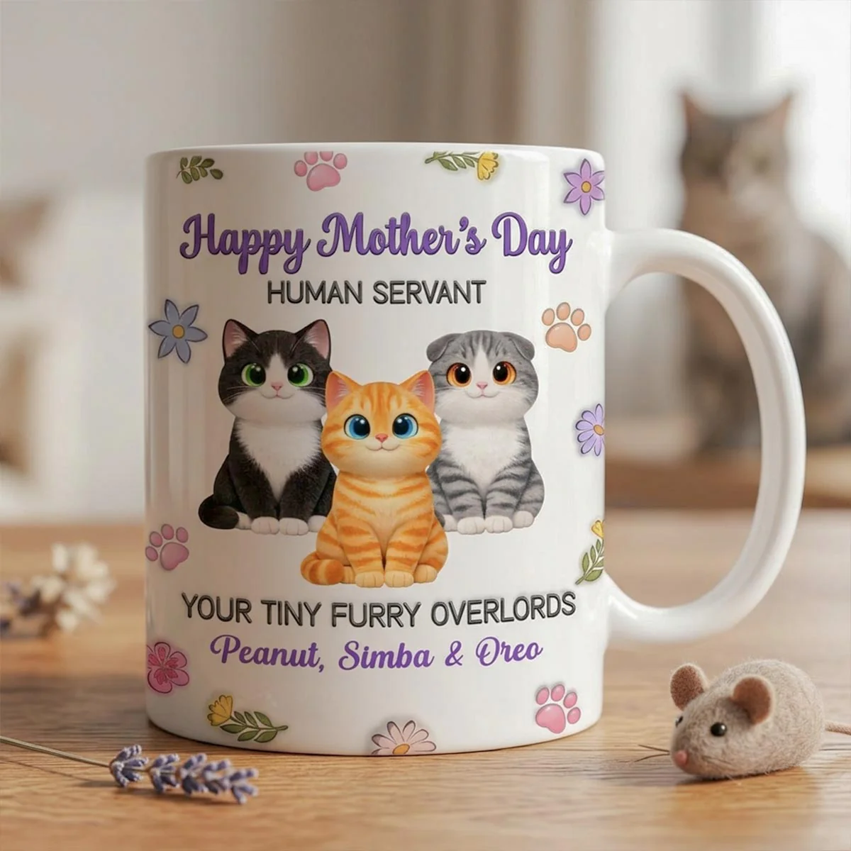 Adorable Cats Happy Mother's Day Human Servant 2D Flat Floral - Personalized Mug - Funny Mother's Day Gift For Cat Mom, Cat Lovers