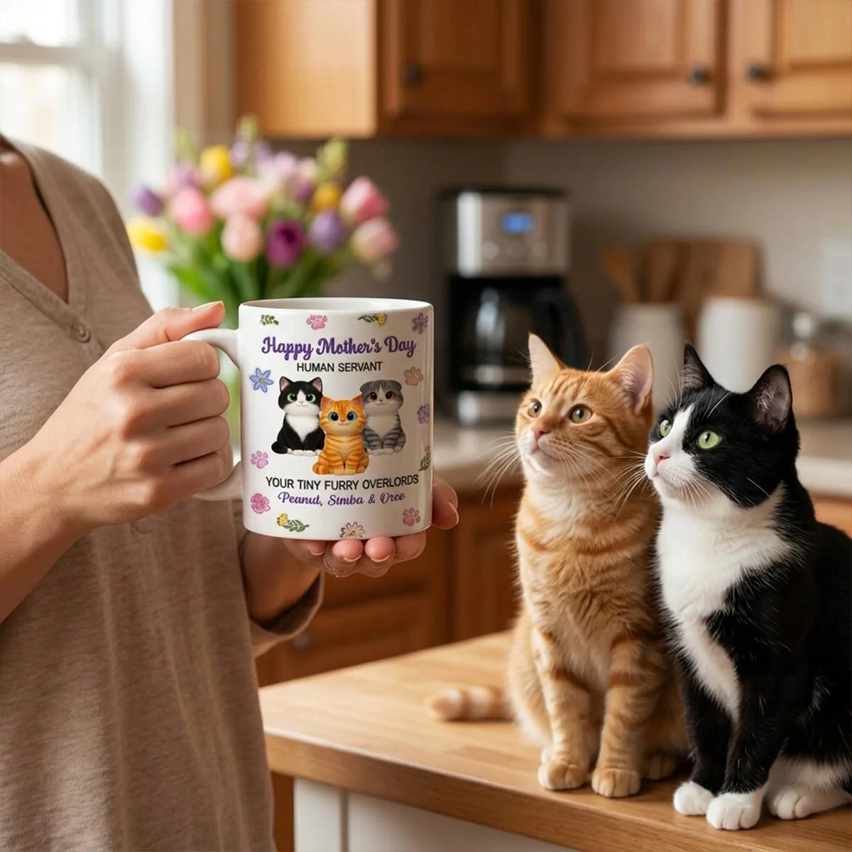 Adorable Cats Happy Mother's Day Human Servant 2D Flat Floral - Personalized Mug - Funny Mother's Day Gift For Cat Mom, Cat Lovers - Image 2