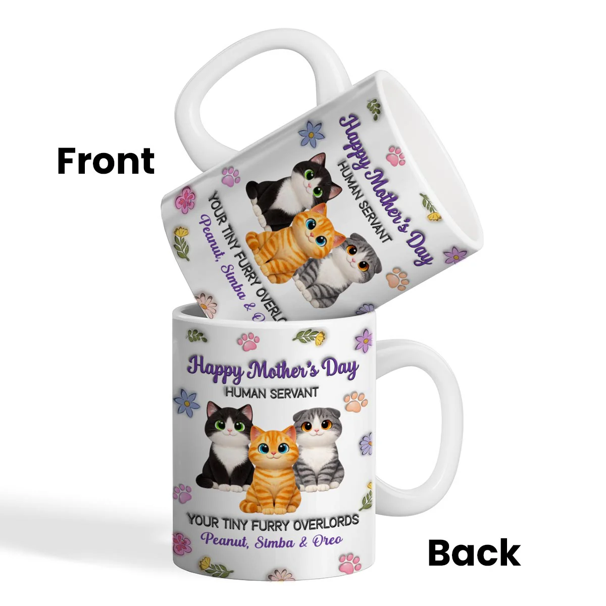 Adorable Cats Happy Mother's Day Human Servant 2D Flat Floral - Personalized Mug - Funny Mother's Day Gift For Cat Mom, Cat Lovers - Image 3