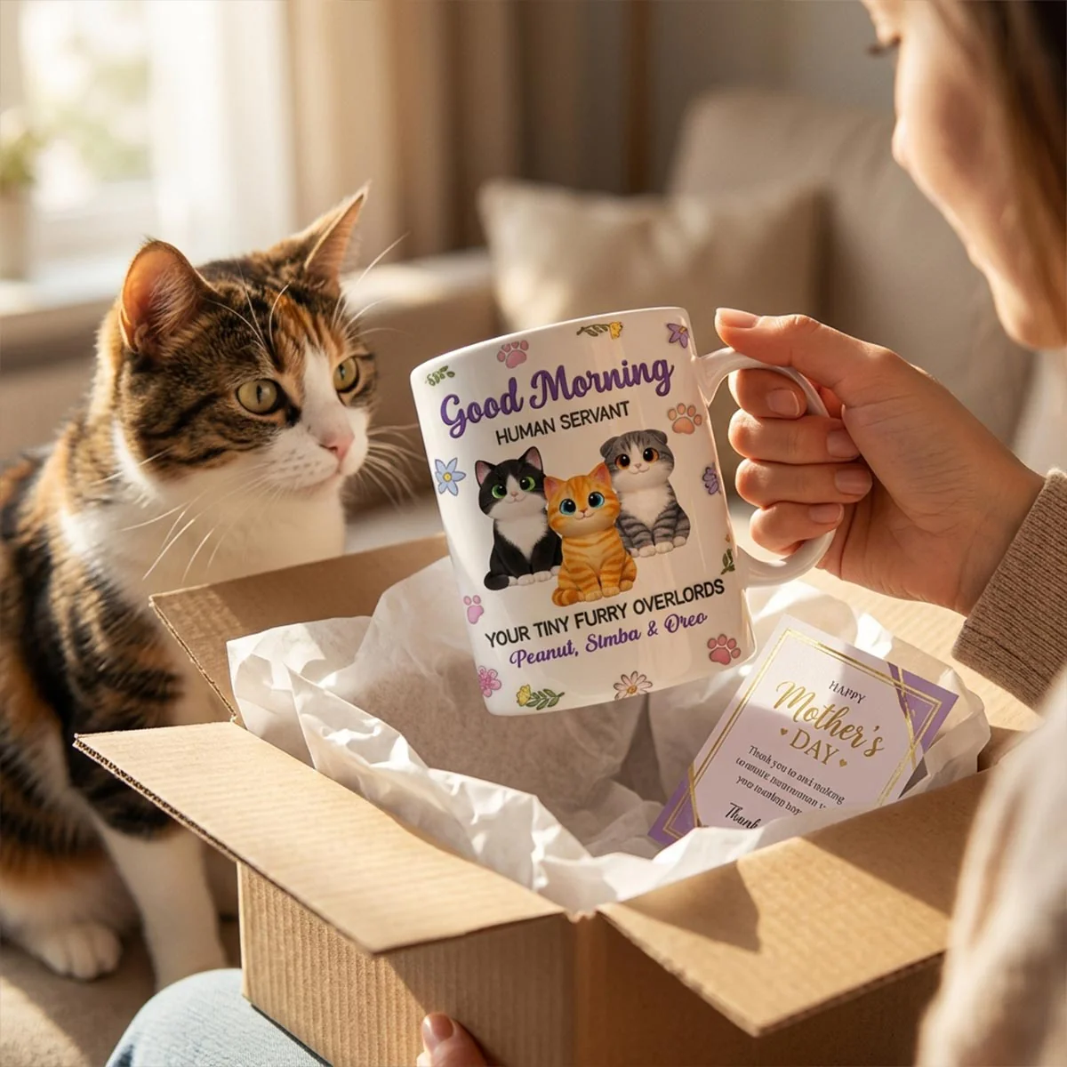 Adorable Cats Happy Mother's Day Human Servant 2D Flat Floral - Personalized Mug - Funny Mother's Day Gift For Cat Mom, Cat Lovers - Image 4