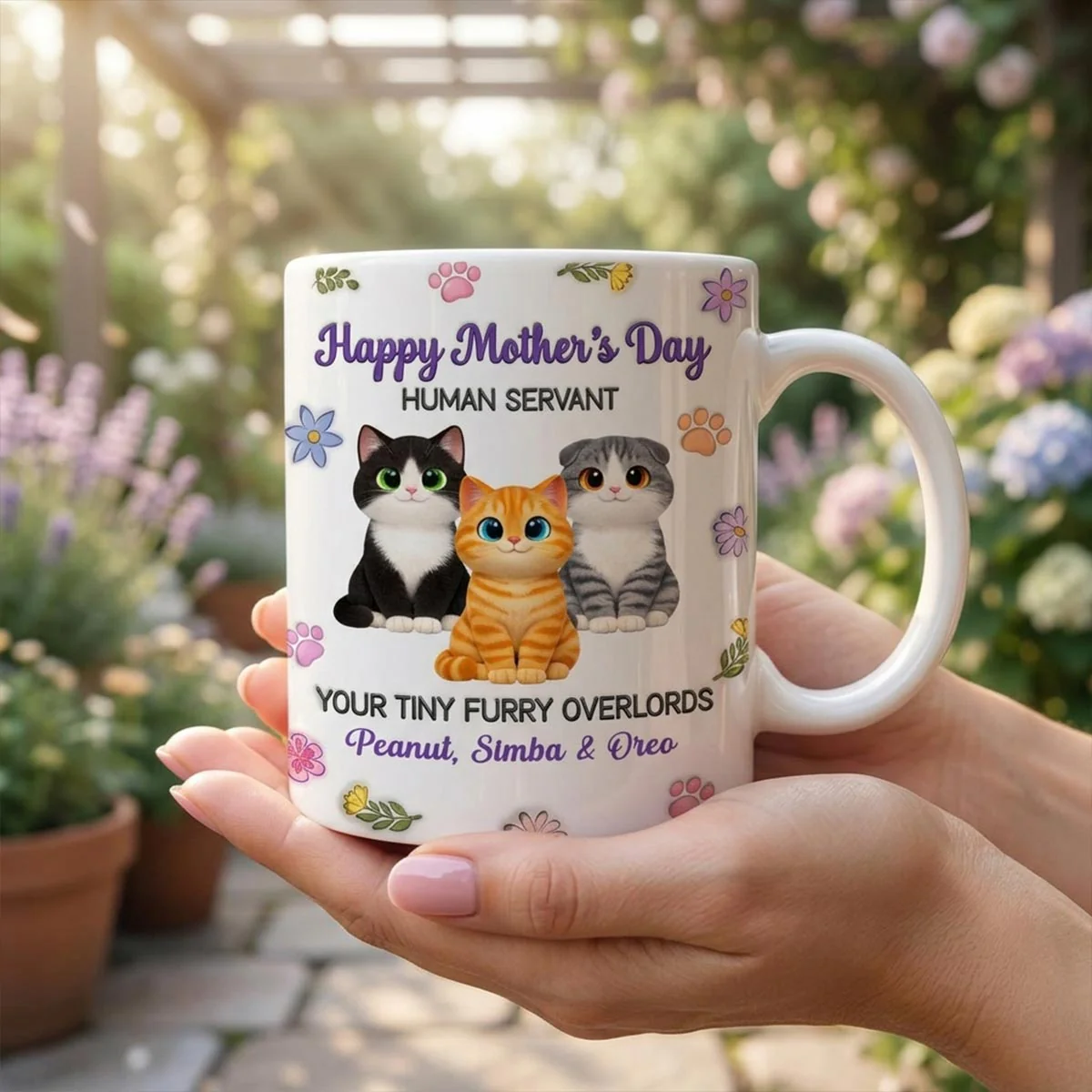 Adorable Cats Happy Mother's Day Human Servant 2D Flat Floral - Personalized Mug - Funny Mother's Day Gift For Cat Mom, Cat Lovers - Image 6
