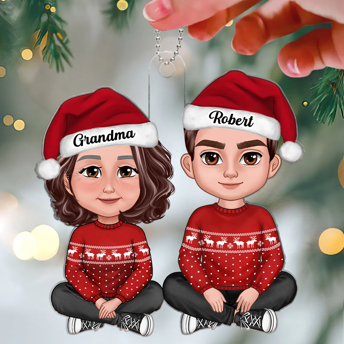 Adult Grandson Sitting With Grandmother Christmas Personalized Acrylic Ornament - Image 3