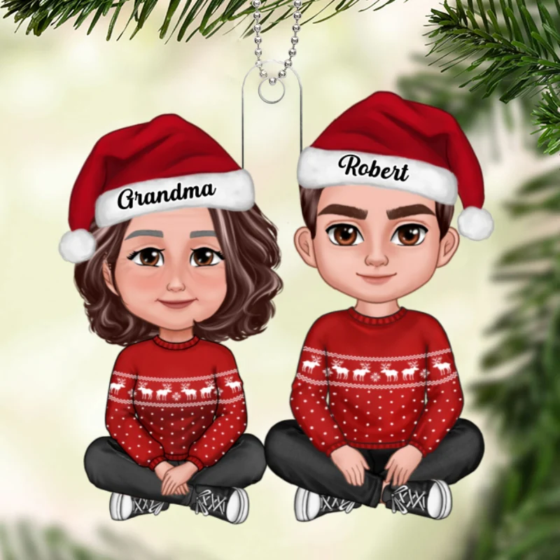 Adult Grandson Sitting With Grandmother Christmas Personalized Acrylic Ornament - Image 5