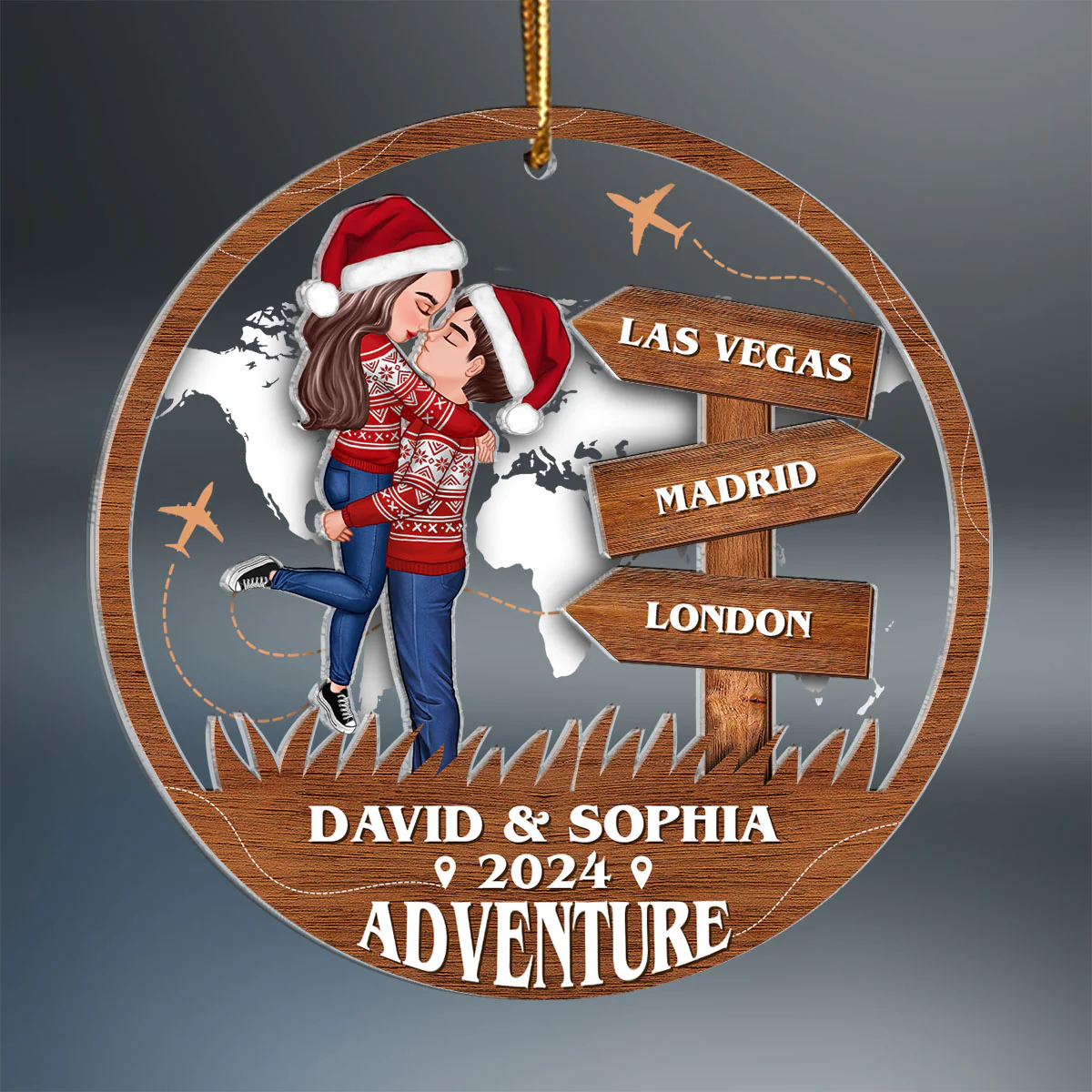 Adventure Kissing Couple Personalized 2-Layer Acrylic Ornament, Christmas Gift For Couple, Gift For Travelers - Image 2