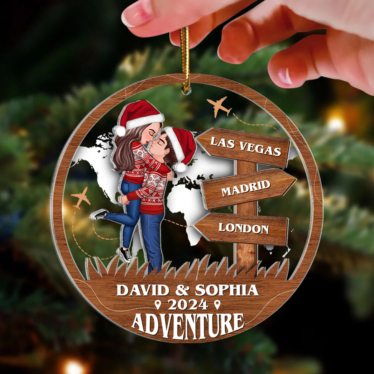 Adventure Kissing Couple Personalized 2-Layer Acrylic Ornament, Christmas Gift For Couple, Gift For Travelers - Image 3