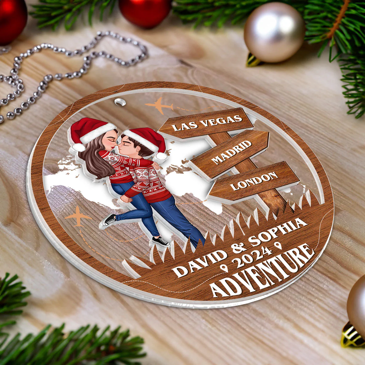 Adventure Kissing Couple Personalized 2-Layer Acrylic Ornament, Christmas Gift For Couple, Gift For Travelers - Image 4