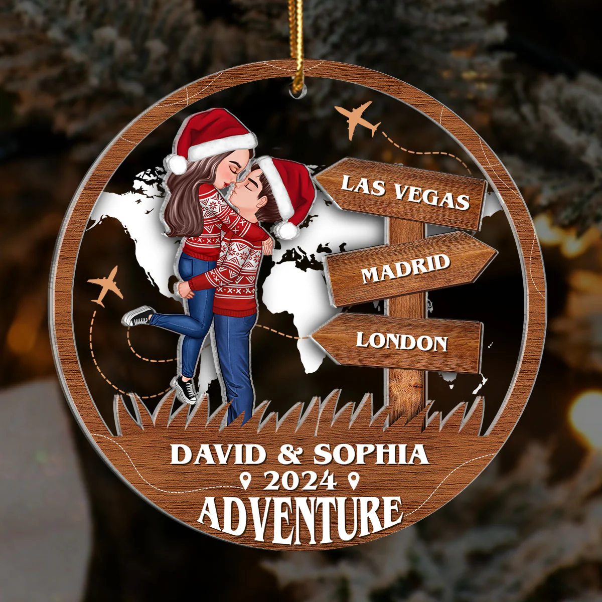 Adventure Kissing Couple Personalized 2-Layer Acrylic Ornament, Christmas Gift For Couple, Gift For Travelers - Image 5