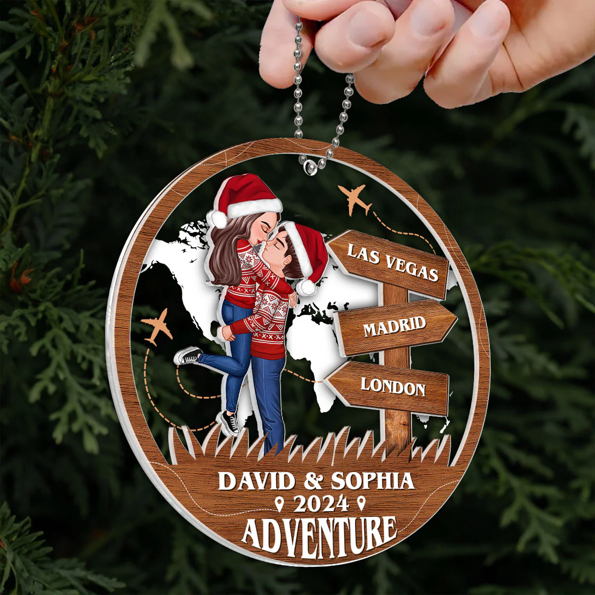 Adventure Kissing Couple Personalized 2-Layer Acrylic Ornament, Christmas Gift For Couple, Gift For Travelers - Image 6