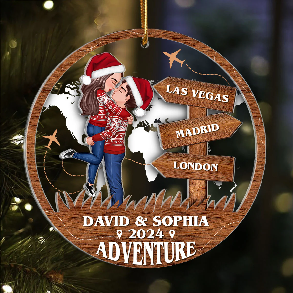 Adventure Kissing Couple Personalized 2-Layer Acrylic Ornament, Christmas Gift For Couple, Gift For Travelers - Image 7
