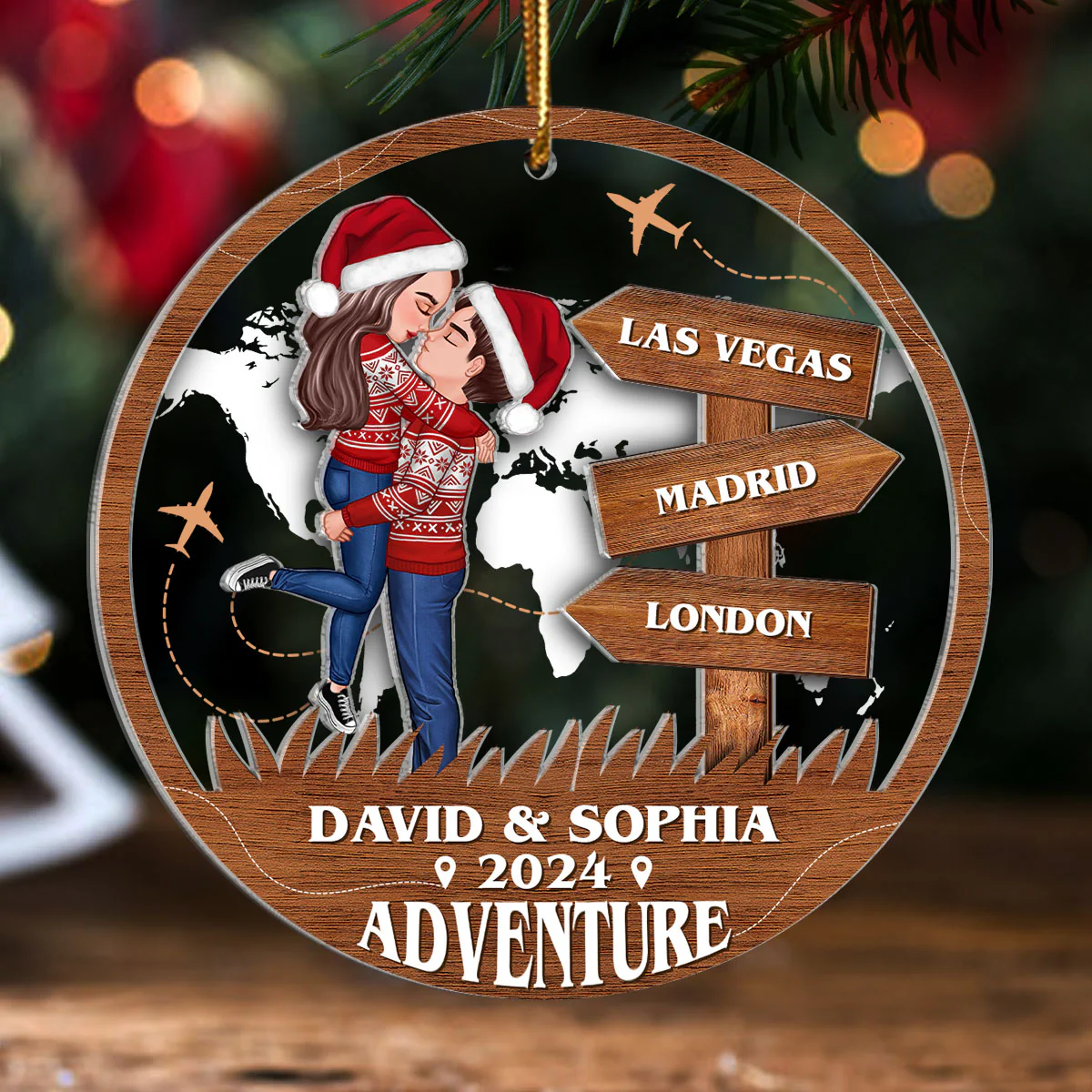 Adventure Kissing Couple Personalized 2-Layer Acrylic Ornament, Christmas Gift For Couple, Gift For Travelers - Image 8