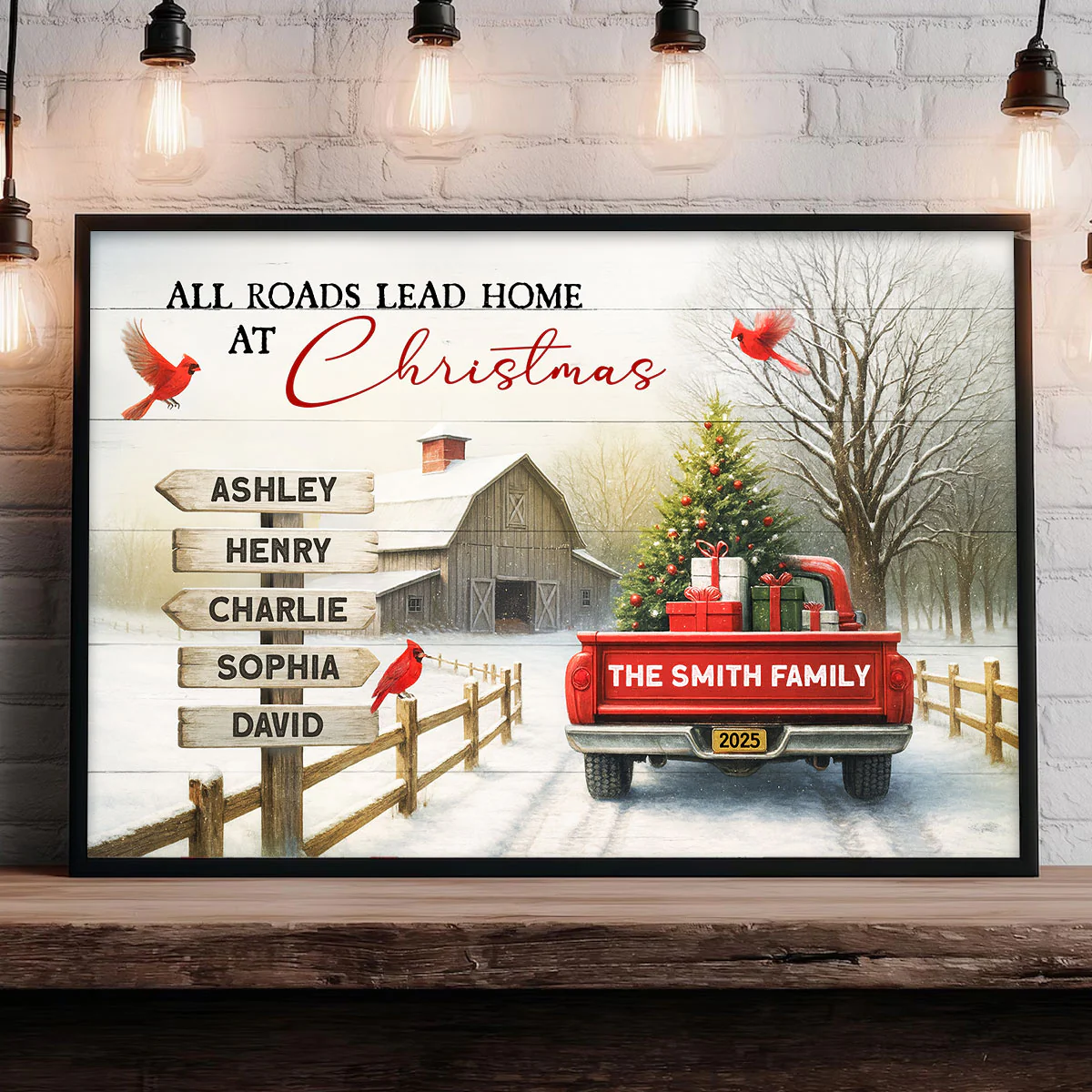All Roads Lead Home at Christmas Red Truck - Personalized Poster - Family Christmas Sign with Names, Christmas Home Decor - Image 2