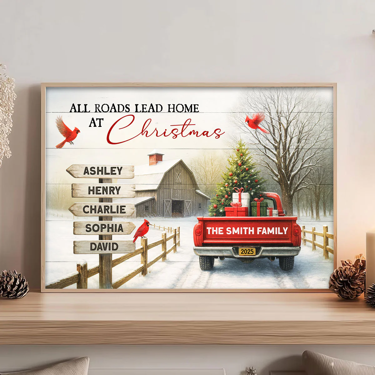All Roads Lead Home at Christmas Red Truck - Personalized Poster - Family Christmas Sign with Names, Christmas Home Decor - Image 3