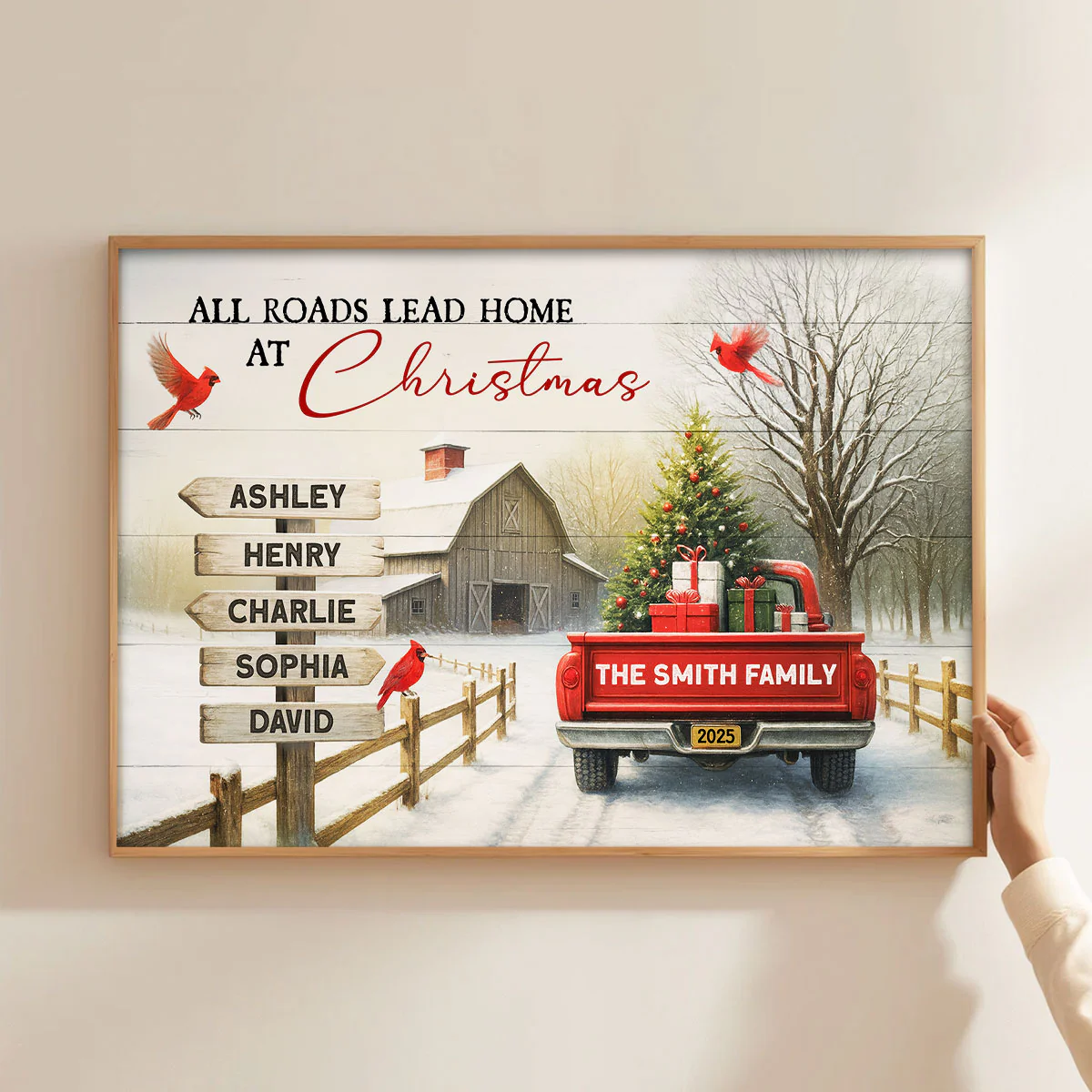 All Roads Lead Home at Christmas Red Truck - Personalized Poster - Family Christmas Sign with Names, Christmas Home Decor - Image 4
