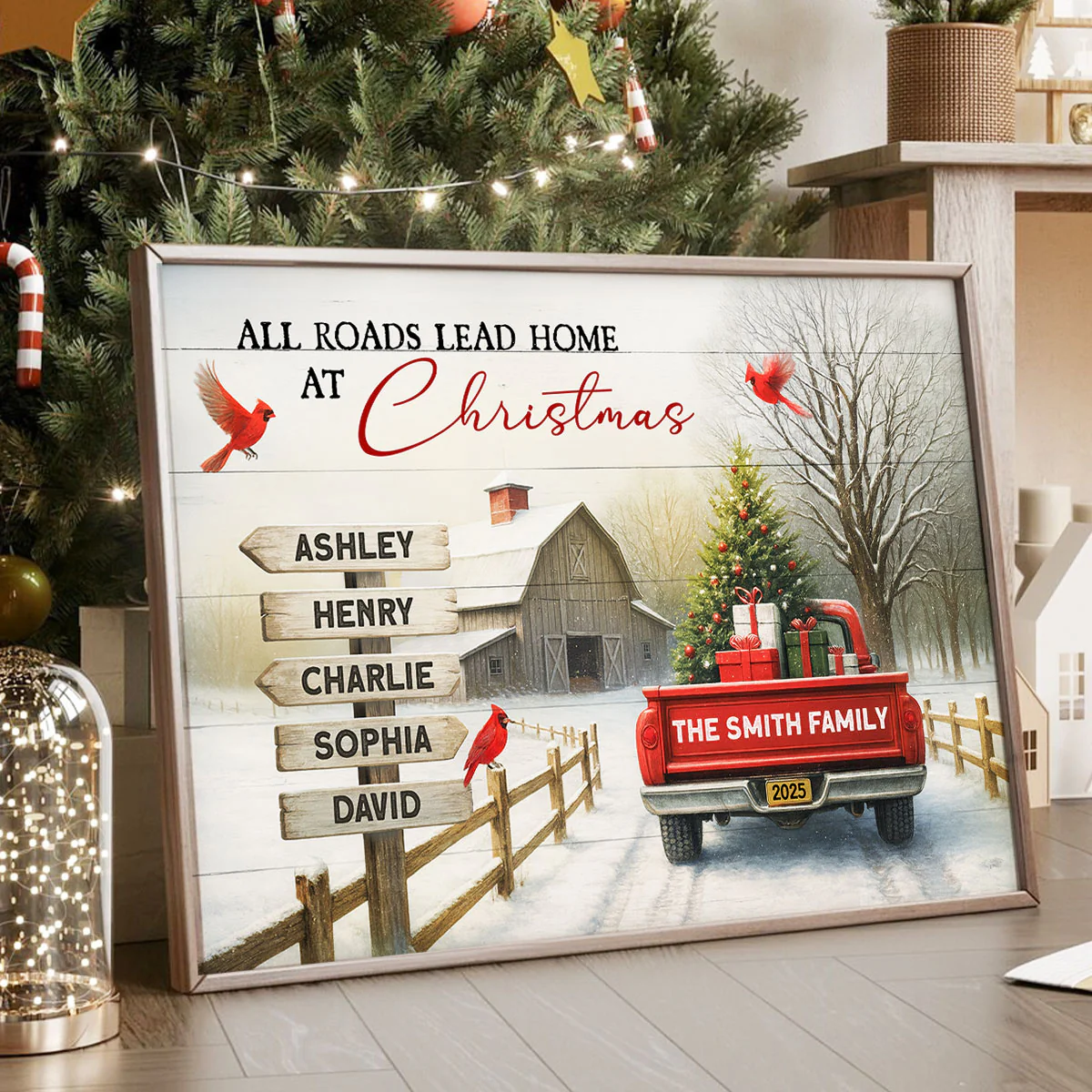 All Roads Lead Home at Christmas Red Truck - Personalized Poster - Family Christmas Sign with Names, Christmas Home Decor - Image 6