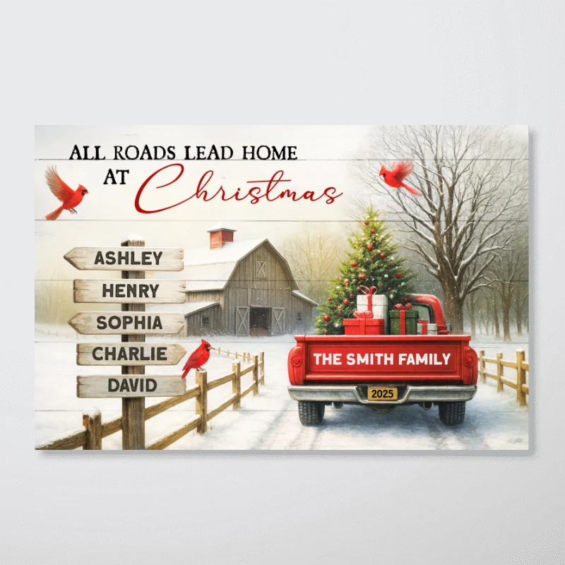 All Roads Lead Home at Christmas Red Truck - Personalized Poster - Family Christmas Sign with Names, Christmas Home Decor - Image 9