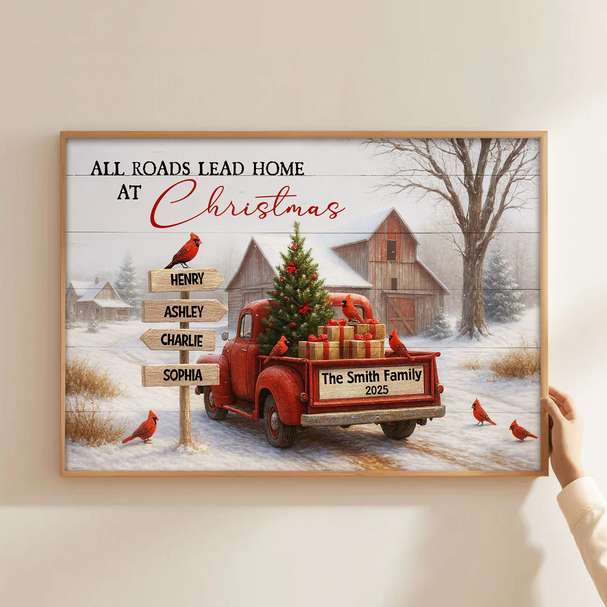 All Roads Lead Home at Christmas Rustic Farmhouse - Personalized Poster - Family Christmas Sign with Names, Christmas Home Decor - Image 2