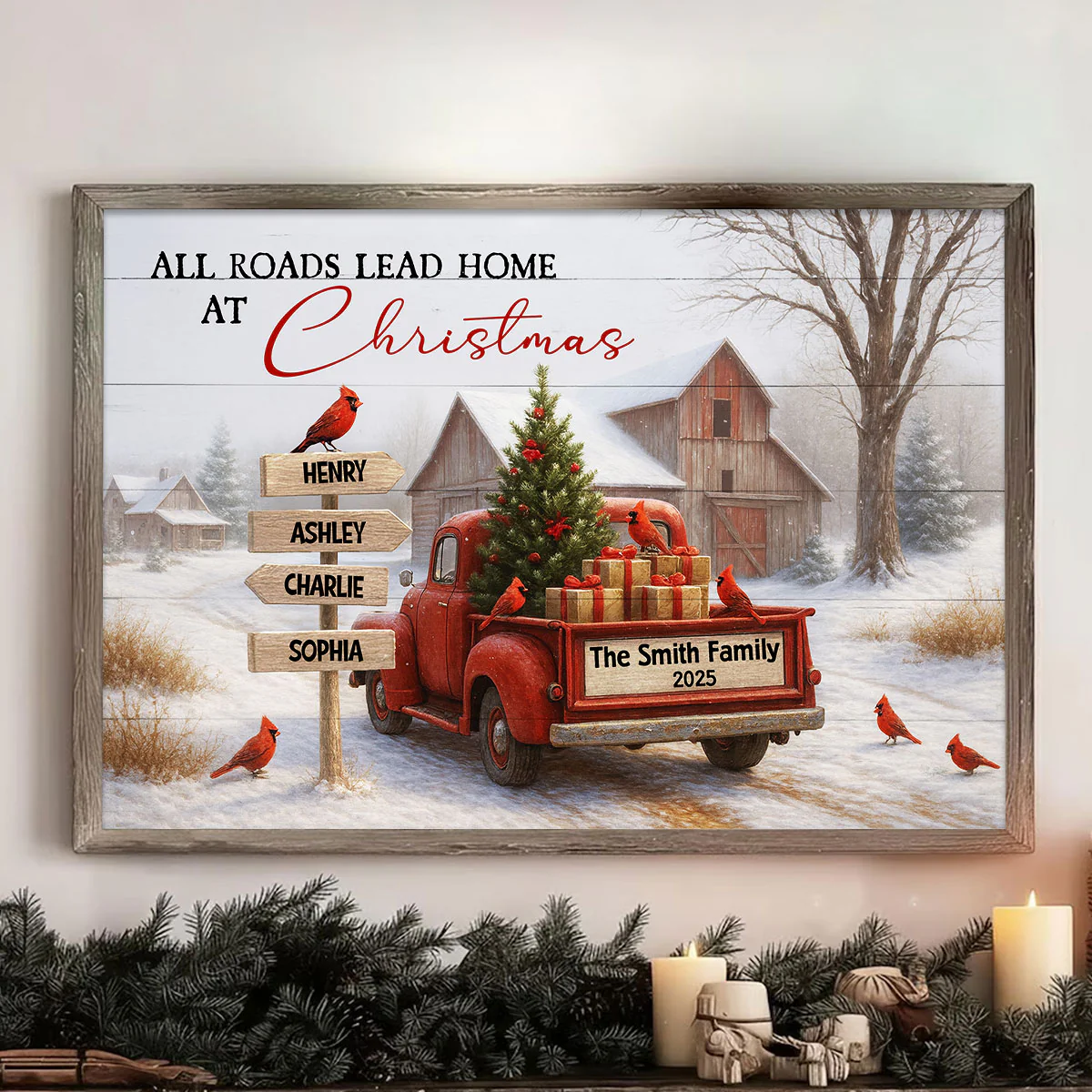 All Roads Lead Home at Christmas Rustic Farmhouse - Personalized Poster - Family Christmas Sign with Names, Christmas Home Decor - Image 3
