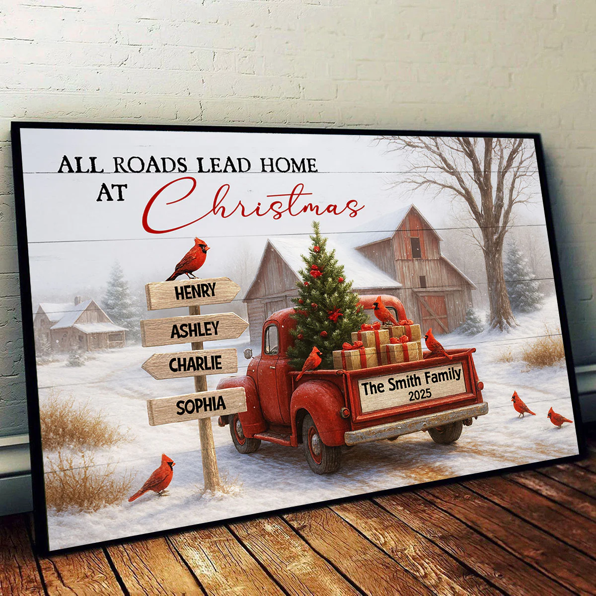 All Roads Lead Home at Christmas Rustic Farmhouse - Personalized Poster - Family Christmas Sign with Names, Christmas Home Decor - Image 4