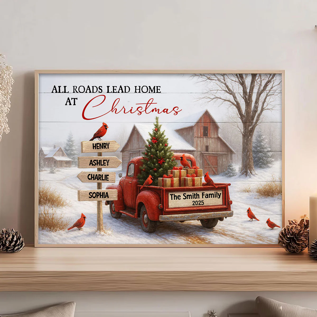 All Roads Lead Home at Christmas Rustic Farmhouse - Personalized Poster - Family Christmas Sign with Names, Christmas Home Decor - Image 5
