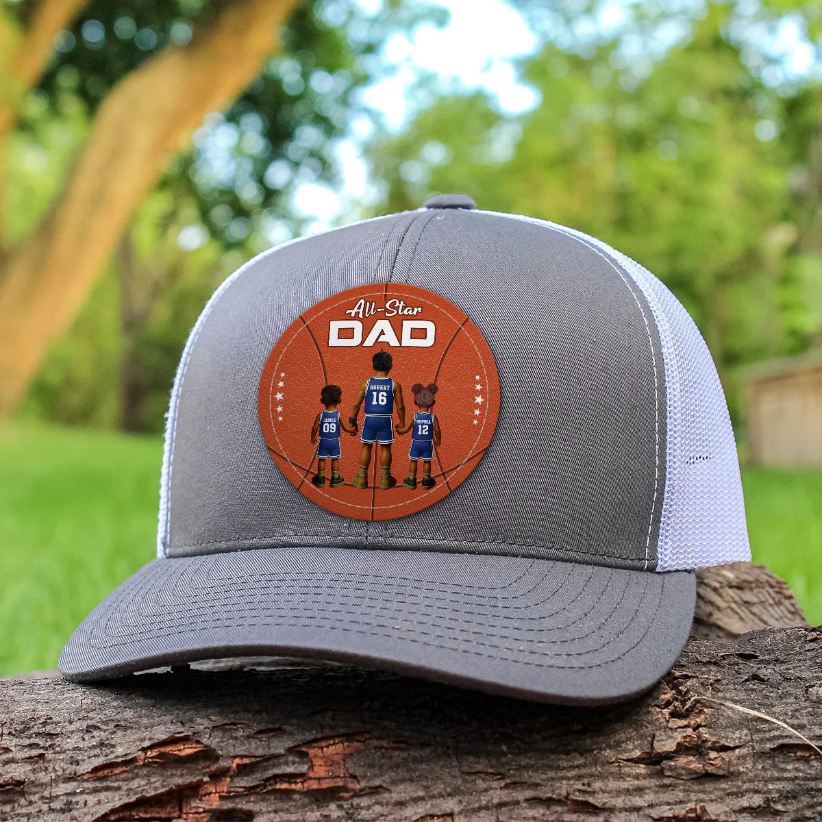 All-Star Dad Basketball Dad & Kids Personalized Leather Patch Hat - Image 2