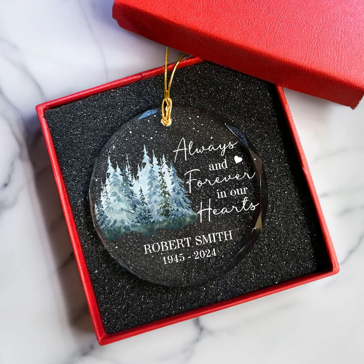Always And Forever In Our Hearts Memorial Keepsake Personalized Glass Ornament - Image 7