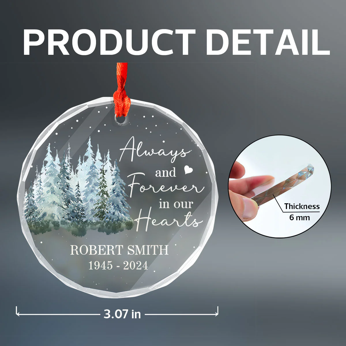 Always And Forever In Our Hearts Memorial Keepsake Personalized Glass Ornament - Image 8