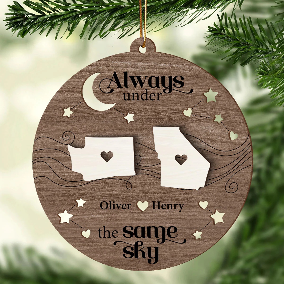 Always Under The Same Sky, Christmas Gifts for Boyfriend Girlfriend Personalized 2-Layered Wooden Ornament, Long Distance Relationship Gift - Image 2