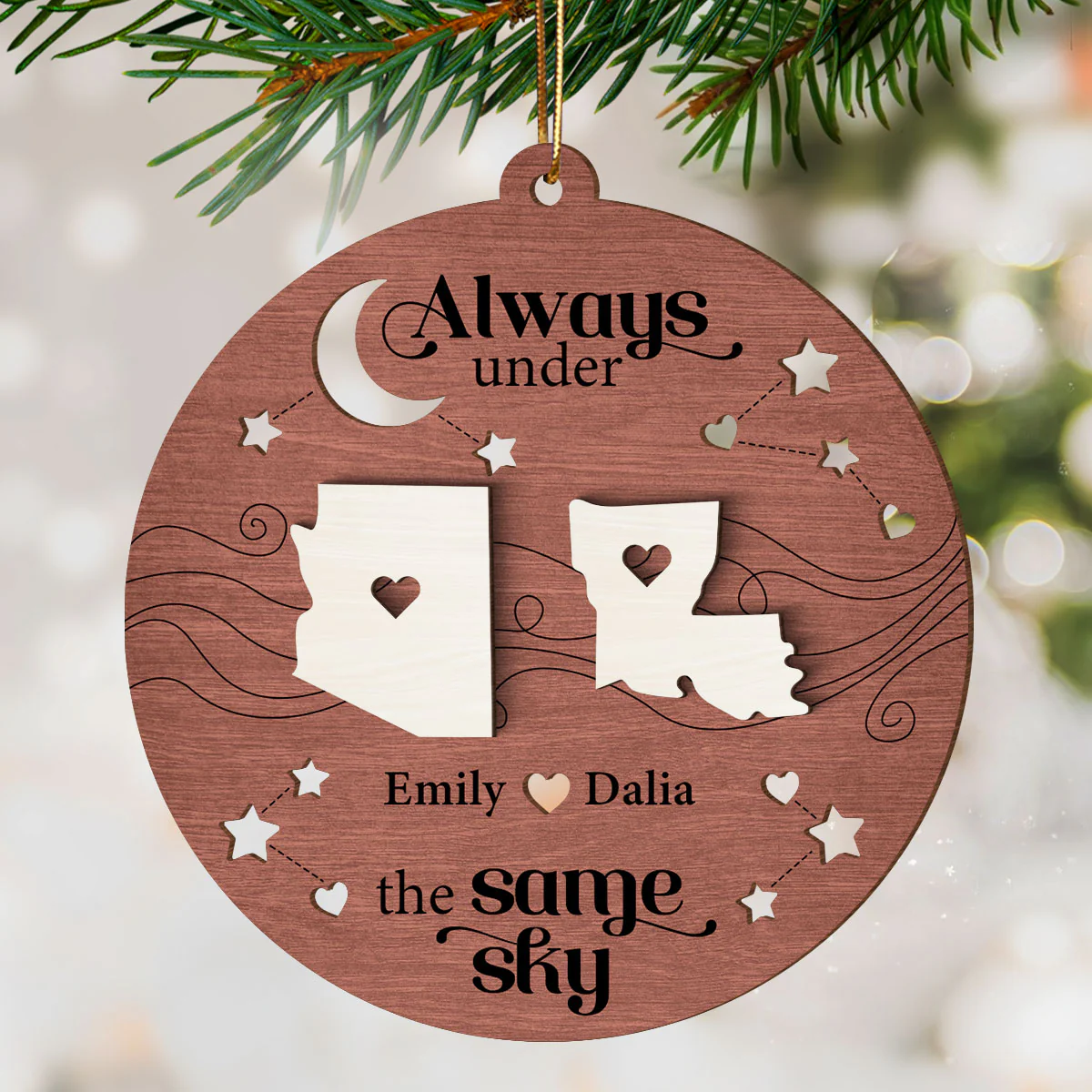 Always Under The Same Sky, Christmas Gifts for Boyfriend Girlfriend Personalized 2-Layered Wooden Ornament, Long Distance Relationship Gift - Image 3